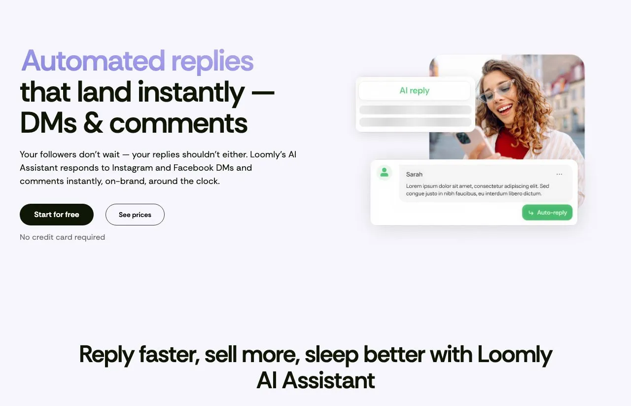 Loomly's automated DMs page, which says its AI Assistant responds to Instagram and Facebook DMs and comments around the clock.