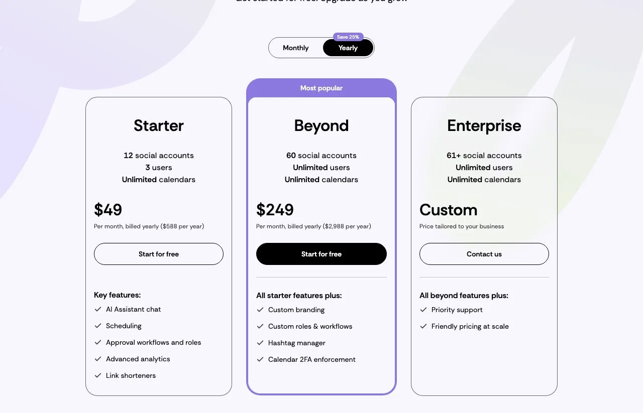 Loomly's pricing page in its default yearly view: Starter at $49 a month billed yearly for 12 social accounts and 3 users, Beyond at $249 billed yearly for 60 accounts and unlimited users, and custom Enterprise.