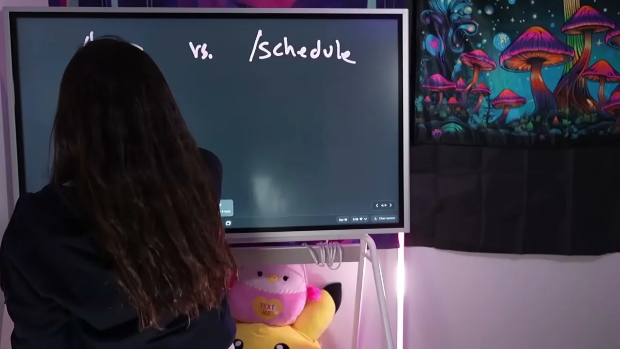 Sabrina explaining /loop vs /schedule comparison on whiteboard