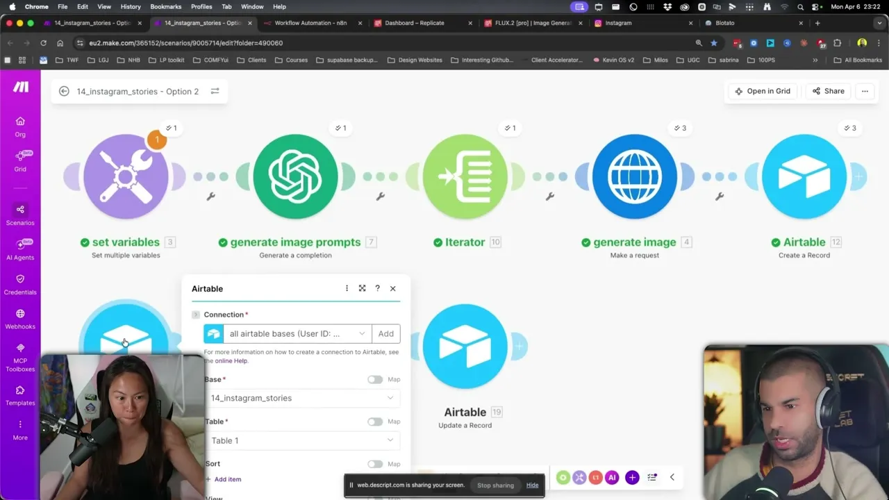 Make.com advanced flow: Set Variables, Generate Image Prompts via OpenAI, Iterator, Generate Image via Replicate, and Airtable record creation.