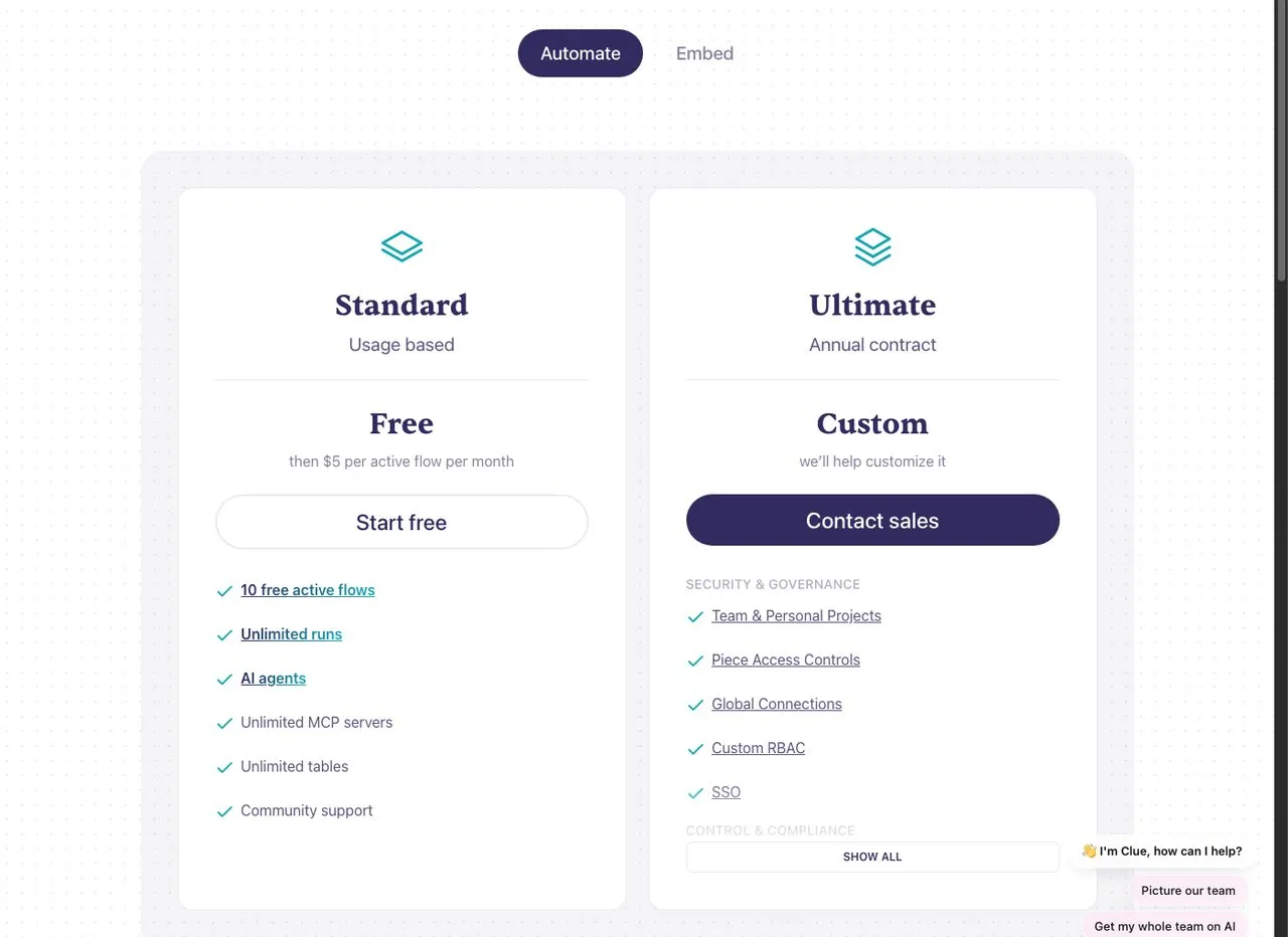 Make.com alternative Activepieces pricing page showing Standard and Ultimate plans