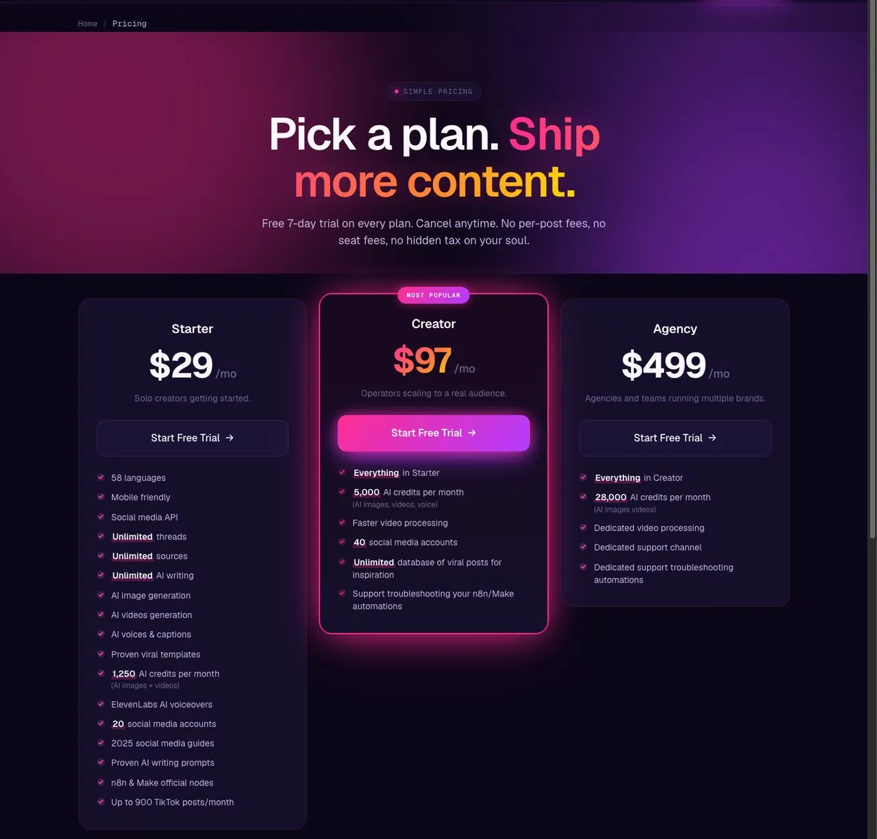 Best Make.com alternatives pick Blotato pricing page showing Starter, Creator, and Agency plans