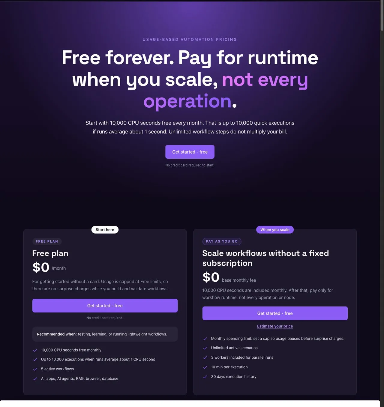 Make.com alternative Latenode pricing page showing runtime-based pricing