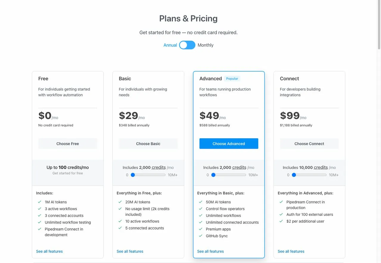 Make.com alternative Pipedream pricing page with free and paid credit tiers
