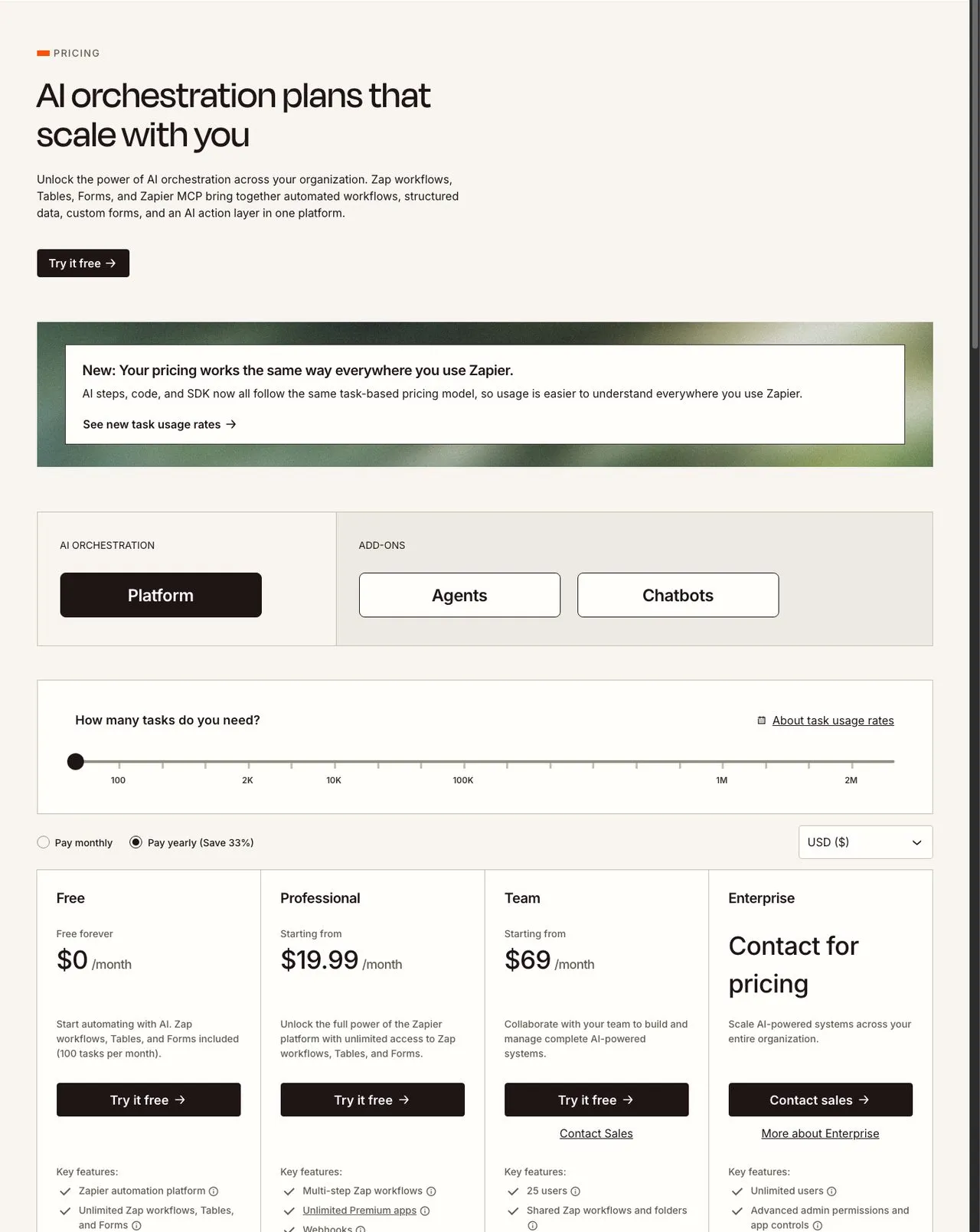 Make.com alternative Zapier pricing page showing task-based plans