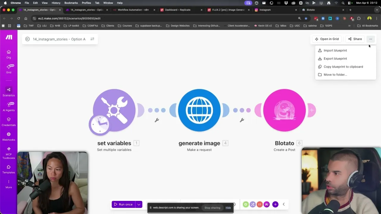 Make.com basic Instagram Stories automation: three modules wired together, Set Variables for the prompt, Generate Image via Replicate, and Blotato to publish the Story.