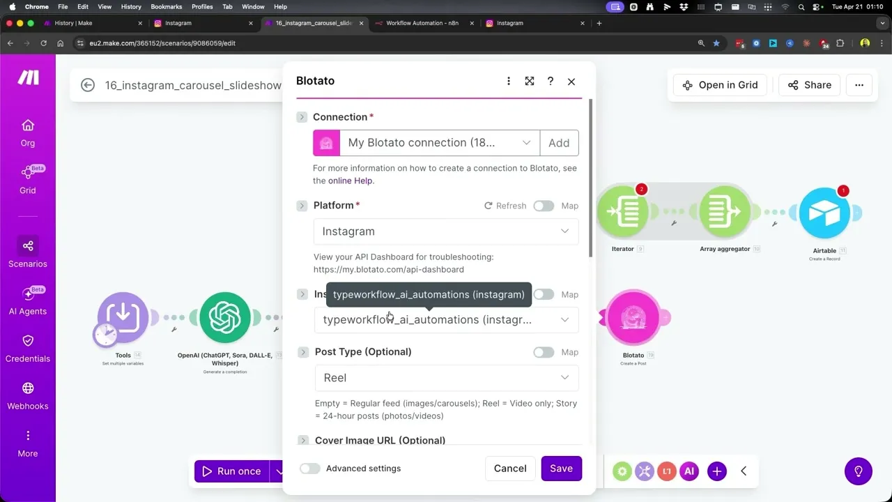 Make.com Blotato Create Post module with platform set to Instagram, the connected Instagram account selected, and Post Type set to Reel as a configurable default.