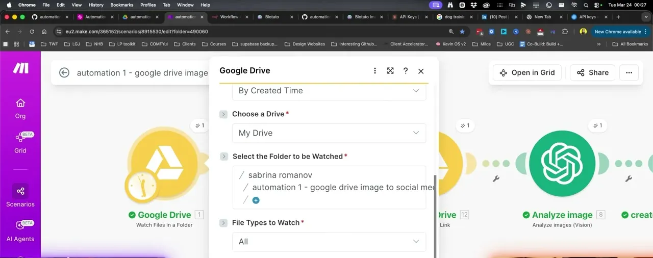 The Make Google Drive module with the watched folder selected and the Limit field set to 2, capping how many files each run picks up.