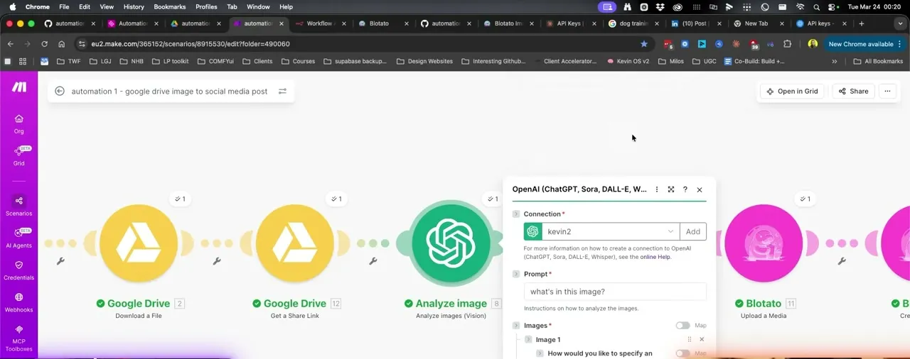 The Make OpenAI module configured with a connection, a prompt, and the image file passed in from the previous Drive module.
