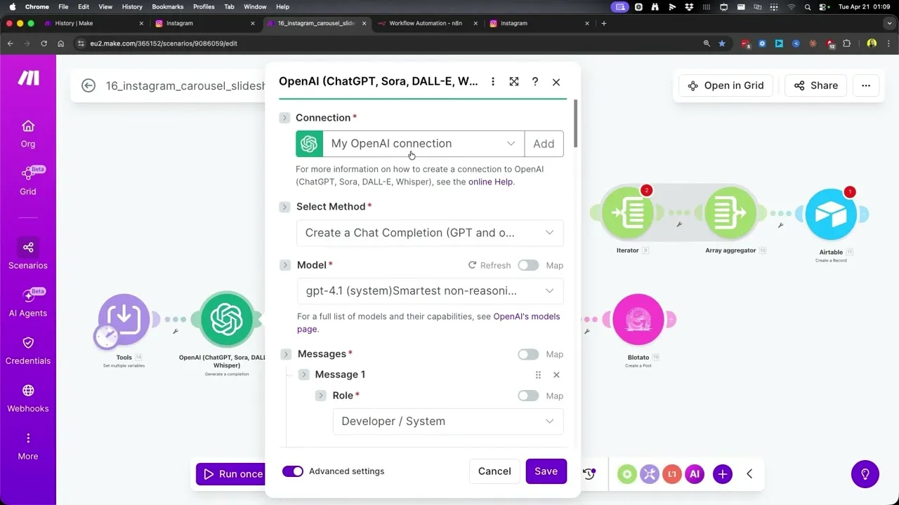 Make.com OpenAI module configuration showing the connection set to My OpenAI connection, method set to Create a Chat Completion, and model set to gpt-4.1.