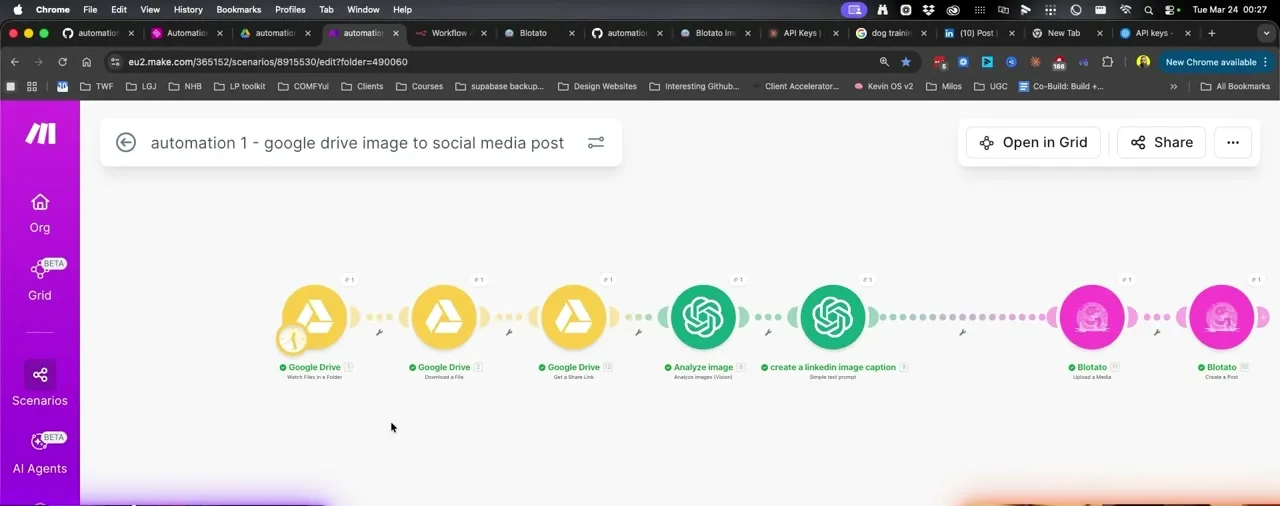 The Make scenario end to end: three Google Drive modules, two OpenAI modules for vision and caption, and two Blotato modules to upload and post.