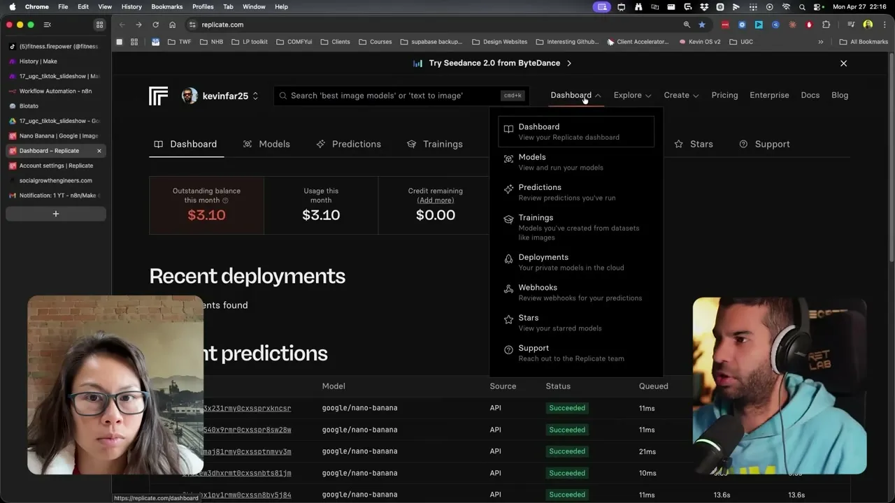 Make.com scenario overview showing the five stages wired together: Edit Here, OpenAI, Iterator, Call Replicate Nano Banana, Tools text aggregator, and Blotato Create a Post.