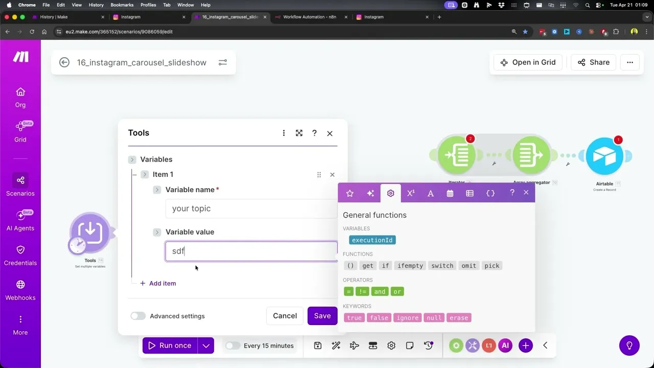 Make.com Set Variables module with one variable named your topic, the single input that controls what kind of carousel the workflow generates.