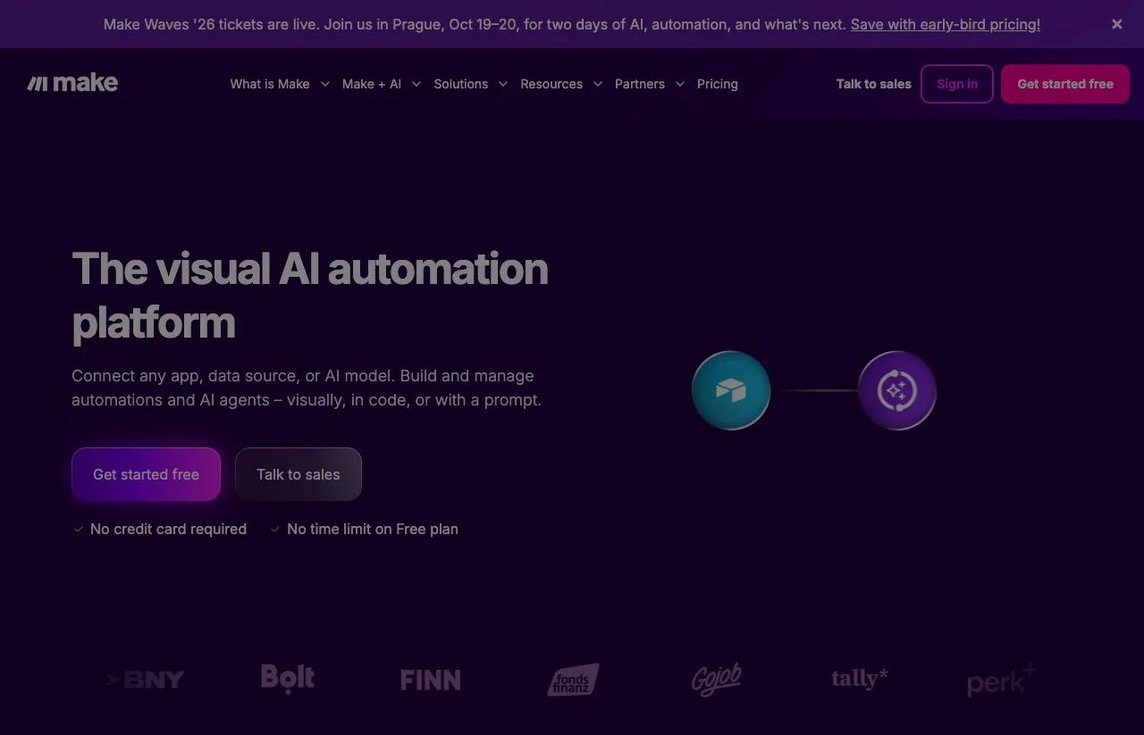 Make, the visual AI automation platform, listed as an n8n alternative for connecting apps and posting social media.