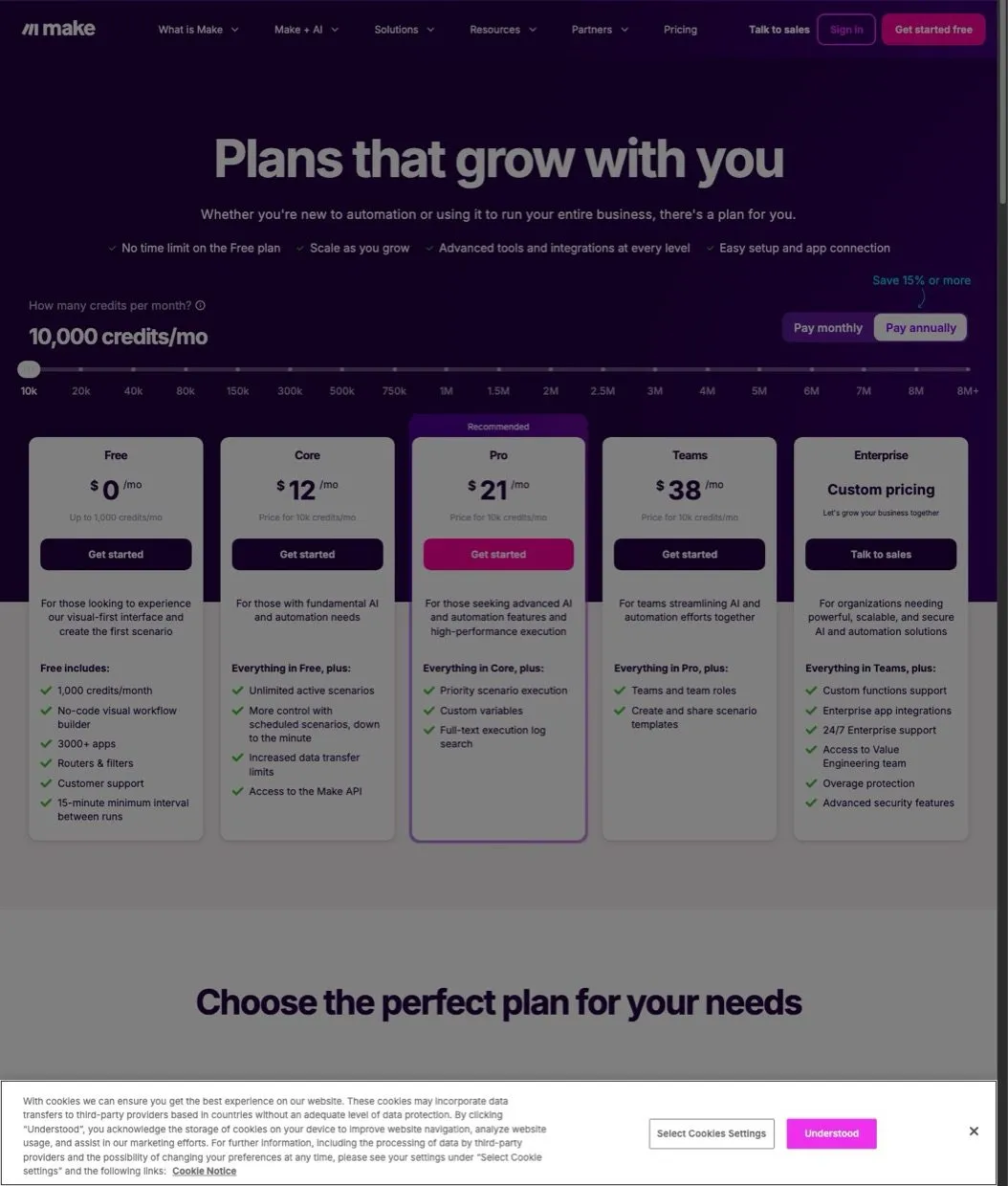 Zapier alternative Make.com pricing showing Free, Core, Pro, and Teams plans