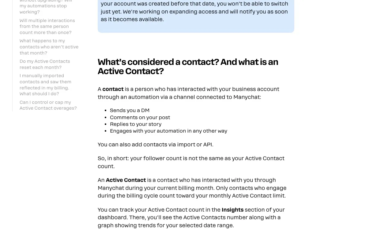 Manychat's help documentation defining a contact and an Active Contact, and noting that the new pricing applies to accounts created on or after March 2, 2026