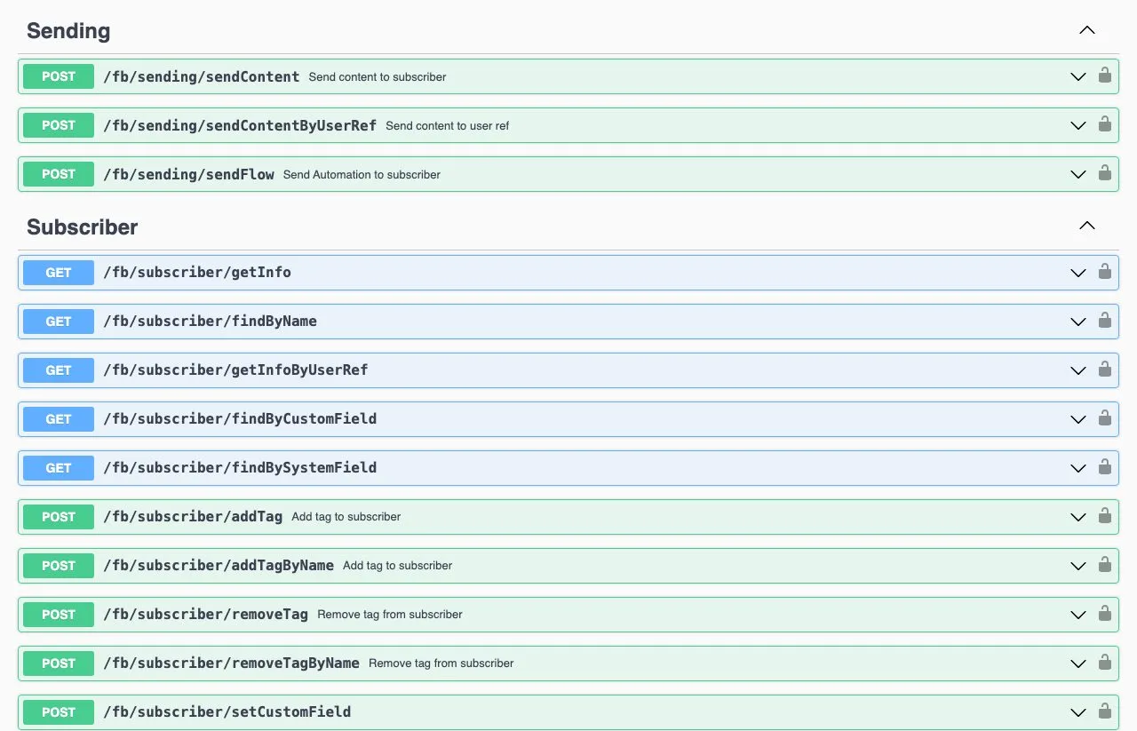 Manychat's Sending endpoints in Swagger: sendContent, sendContentByUserRef, and sendFlow, which the reference describes as sending an automation to a subscriber.