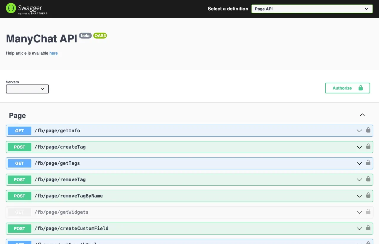 Manychat's public REST API in Swagger, labeled beta, with page, subscriber and sending endpoints.