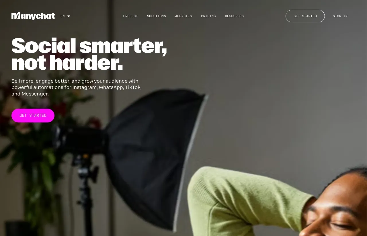 Manychat's homepage showing its Instagram, WhatsApp, Messenger and TikTok automation products for creators and businesses.