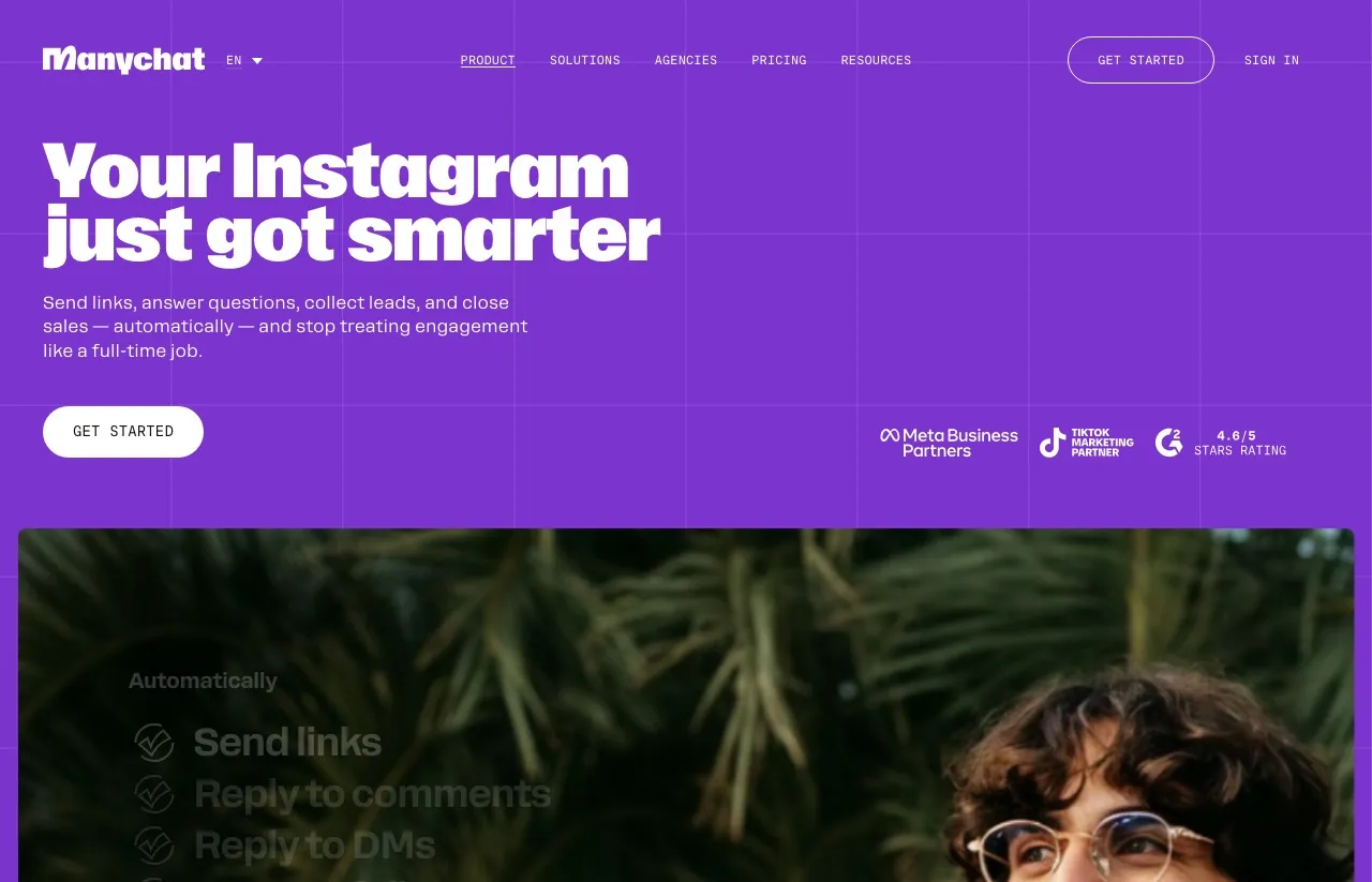 Manychat's Instagram page: "Your Instagram just got smarter," with Meta Business Partners and TikTok Marketing Partner badges.