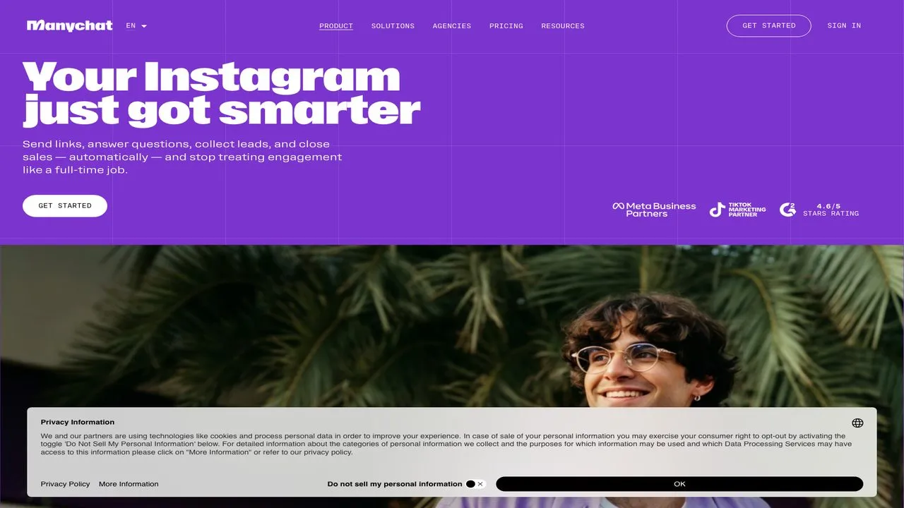 Instagram automation tools: Manychat's Instagram product page showing comment-to-DM automation