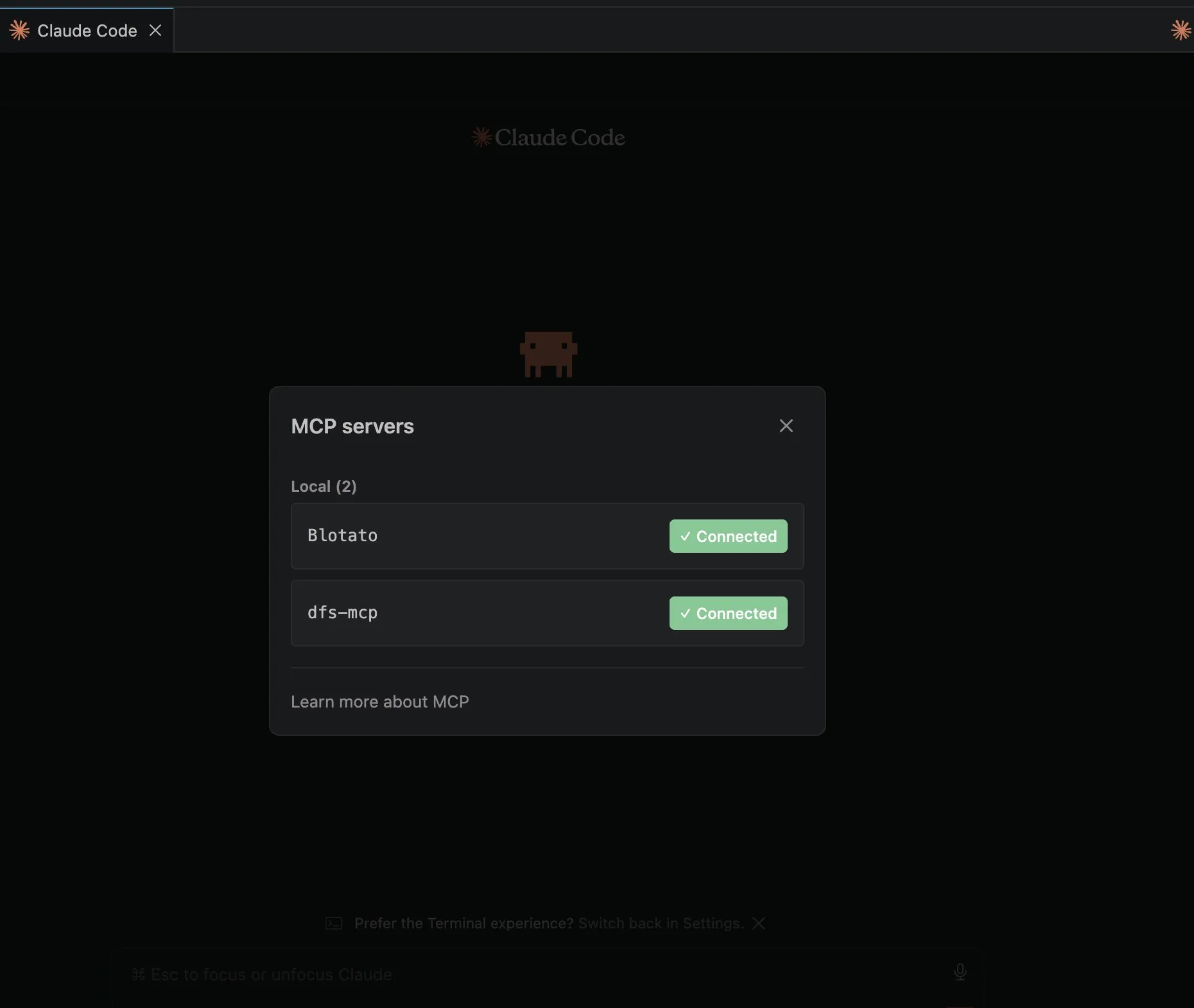 post to TikTok with Claude: the /mcp panel showing the Blotato server connected in Claude Code