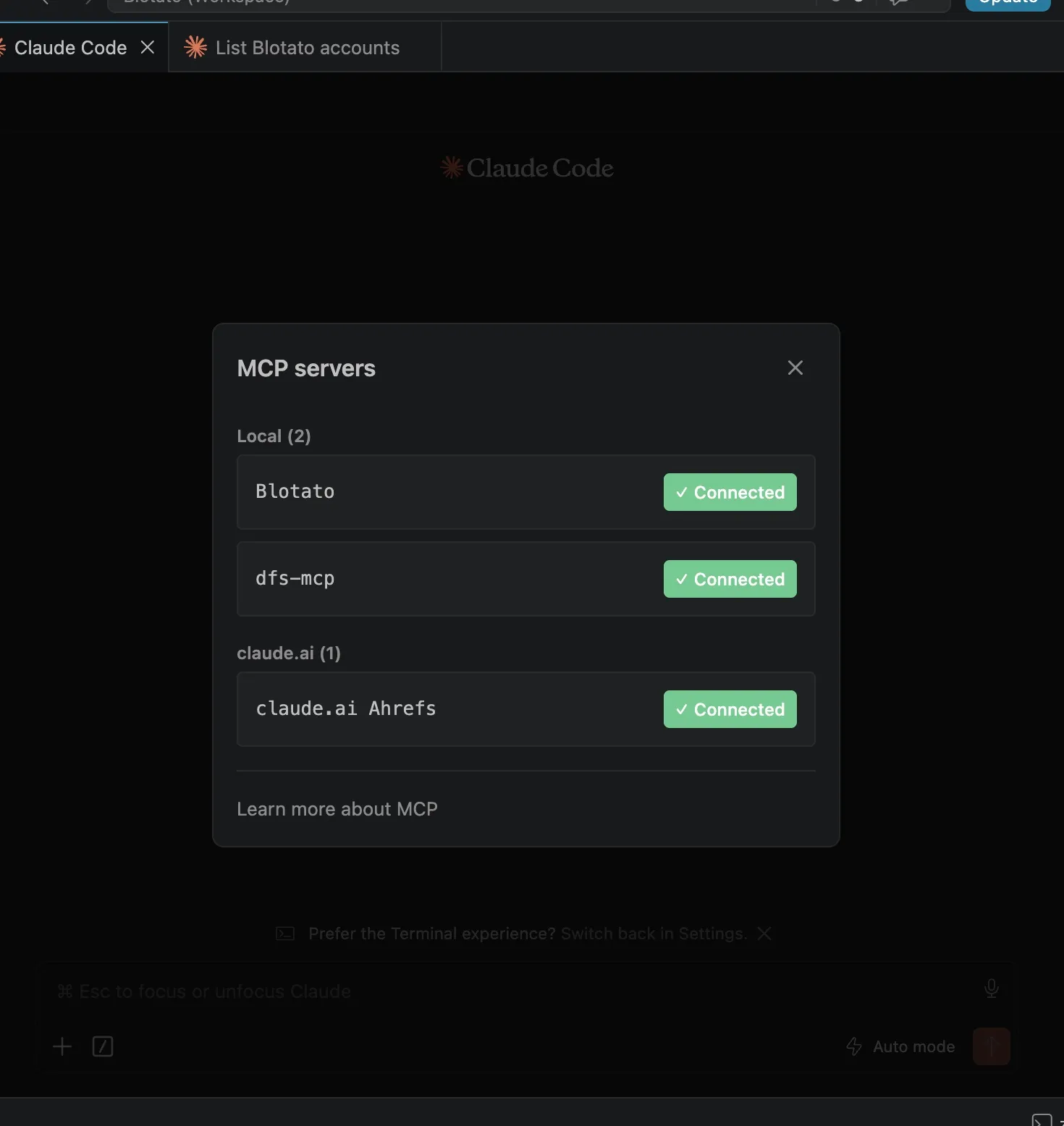 post to Instagram with Claude: the /mcp panel showing the Blotato server connected in Claude Code