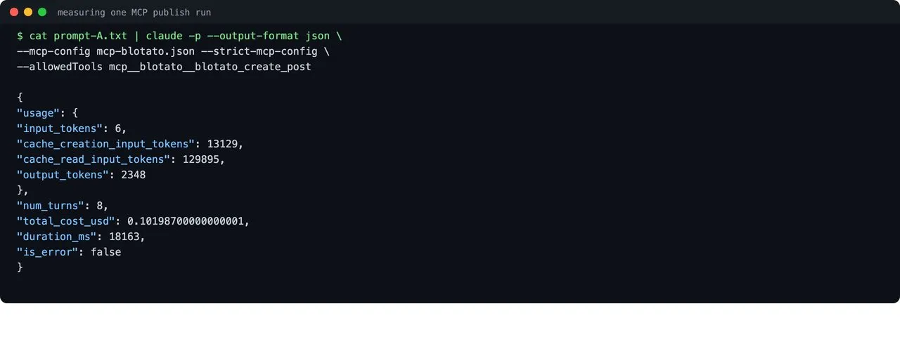 A single measured run of the MCP path, showing the raw usage block, turn count and total cost that Claude Code reports with output-format json.