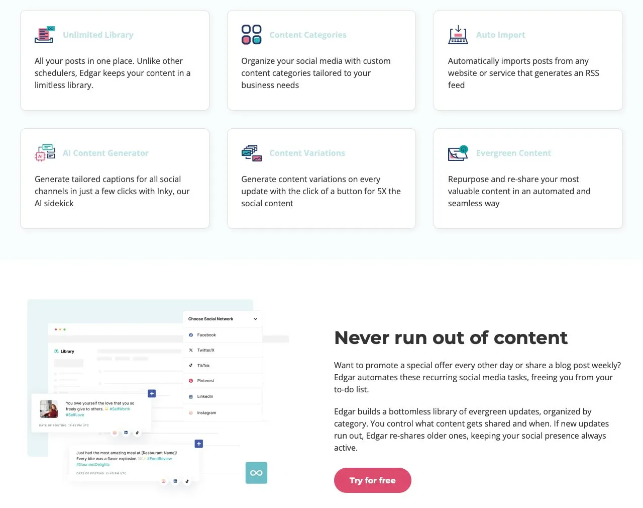 MeetEdgar's content management page: an unlimited library, custom content categories, RSS auto-import, content variations and evergreen re-sharing.