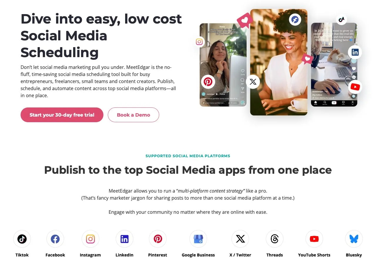 MeetEdgar's homepage pitches low-cost social media scheduling and lists its supported platforms, from TikTok and Google Business to YouTube Shorts and Bluesky.