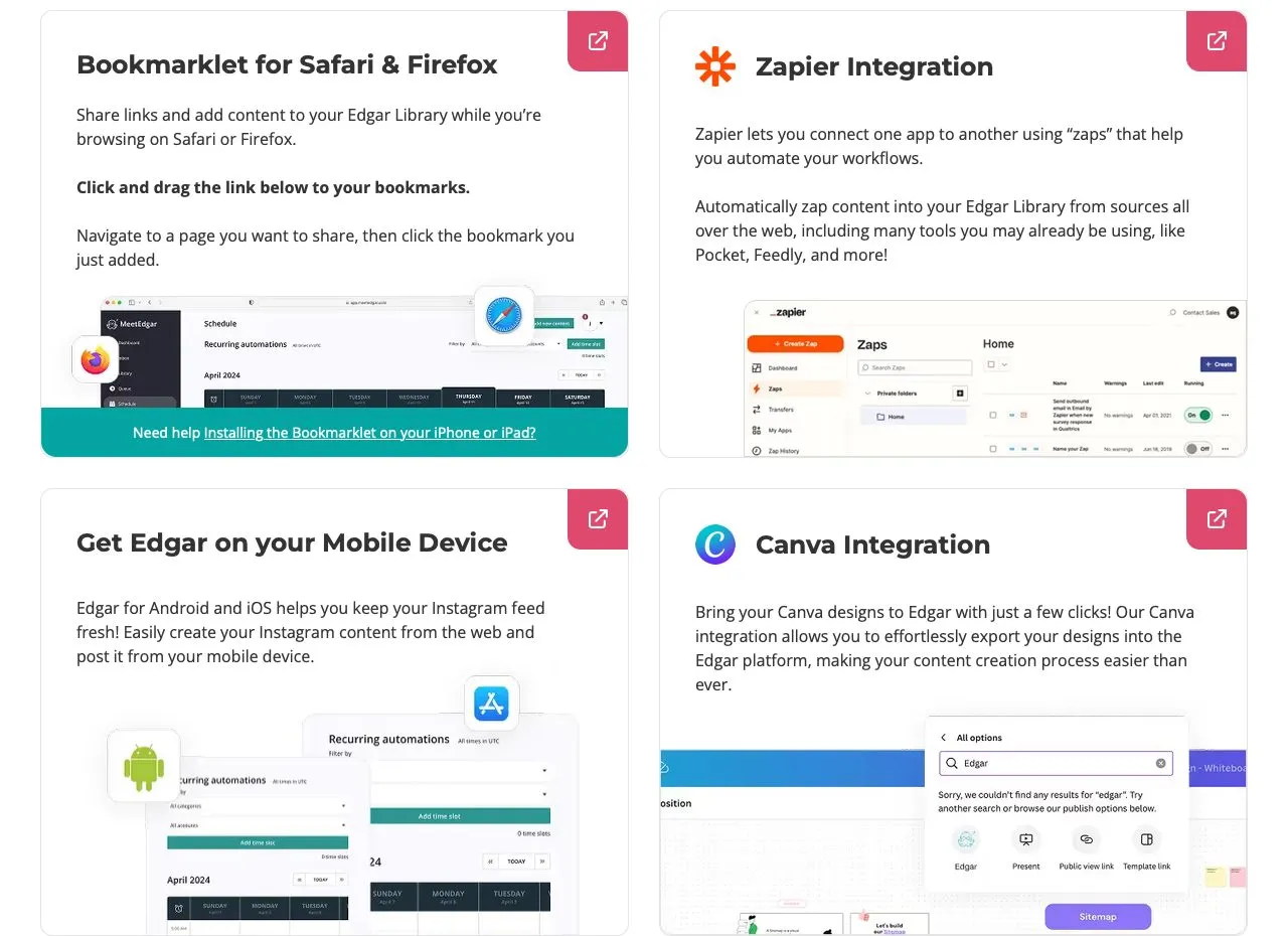 MeetEdgar's integrations page: a browser bookmarklet, the Zapier integration, the mobile app and Canva.