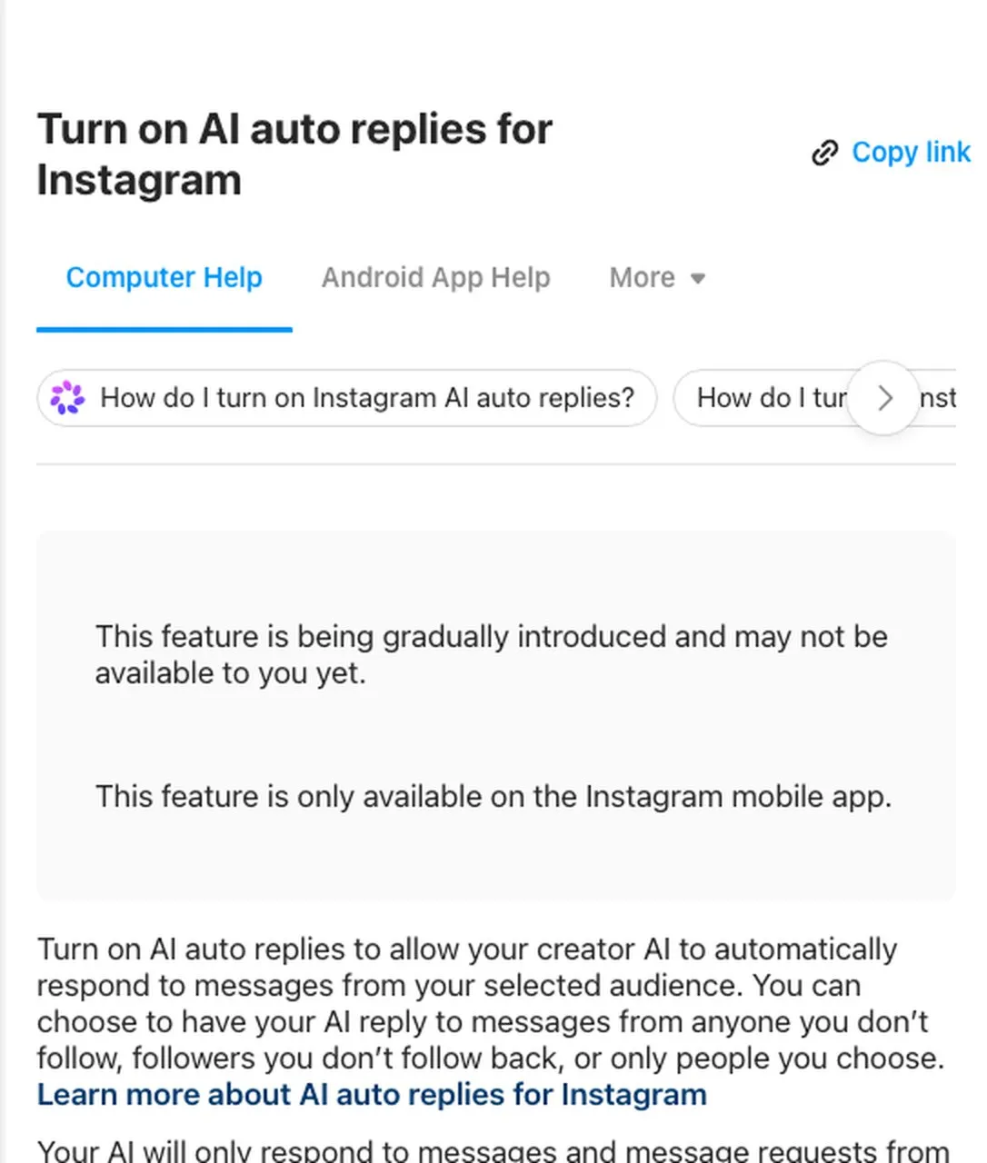 Instagram AI auto replies help page stating the feature is being gradually introduced and is only available on the Instagram mobile app
