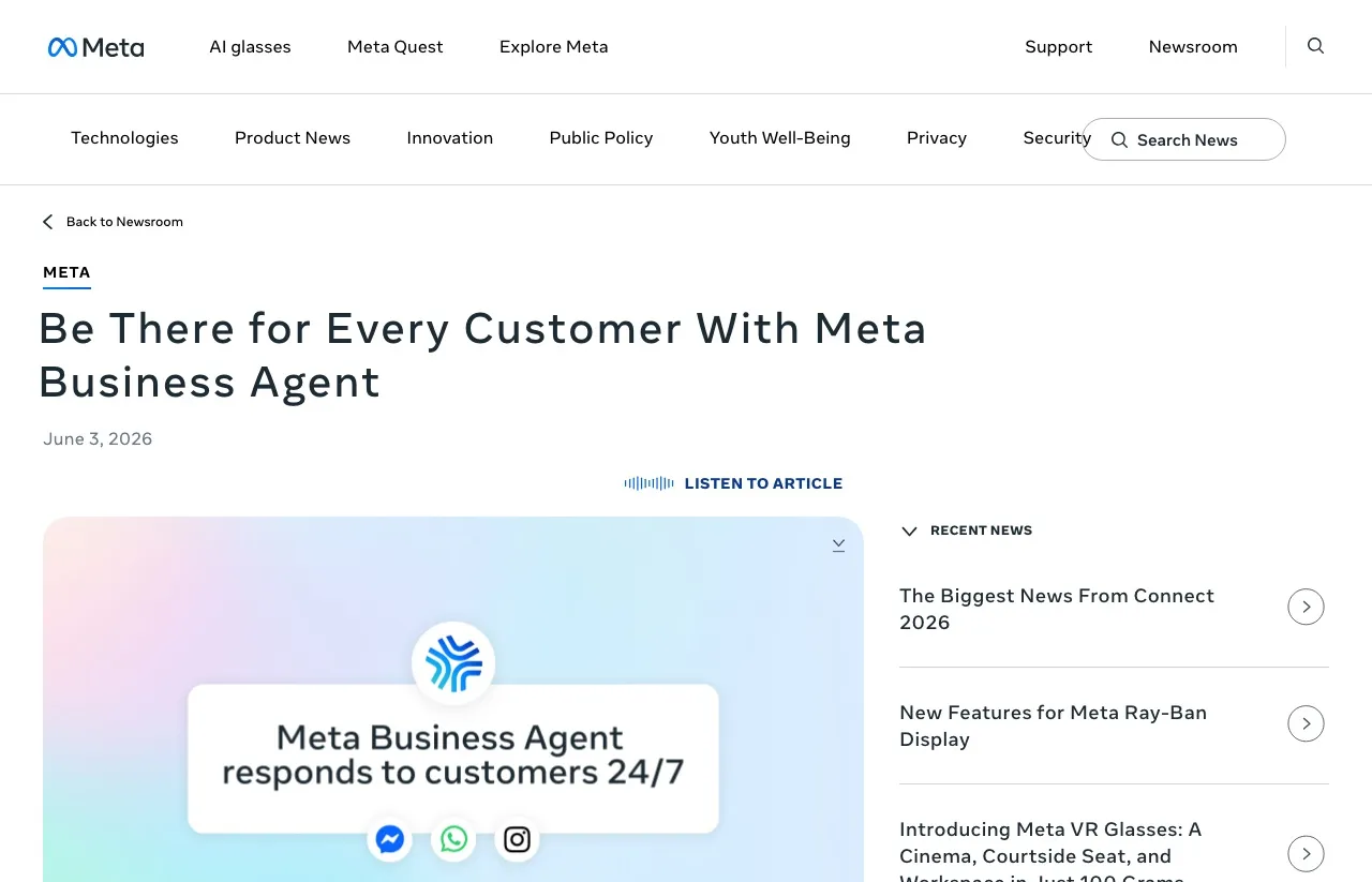 Meta Business Agent announcement on about.fb.com, dated June 3, 2026, with Messenger, WhatsApp and Instagram icons beside a card reading "Meta Business Agent responds to customers 24/7."