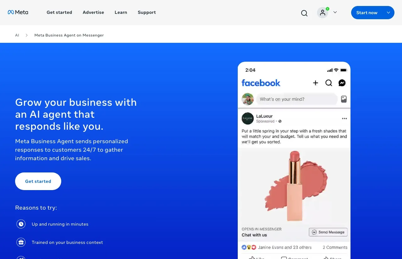 Meta Business Agent on Messenger product page: "Grow your business with an AI agent that responds like you," with a Messenger chat mockup.