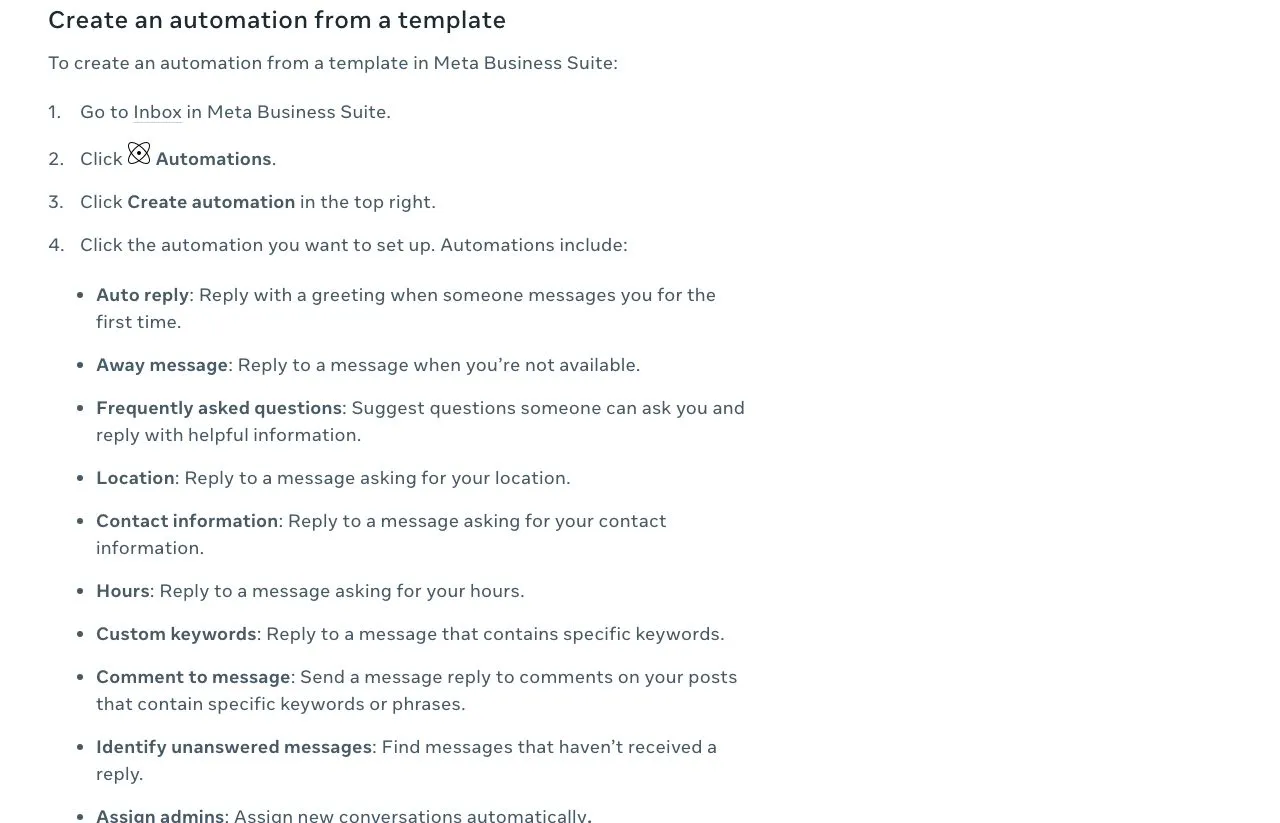 Meta's Business Suite help page listing its Inbox automation templates, including Comment to message, which replies to comments on your posts that contain specific keywords or phrases.
