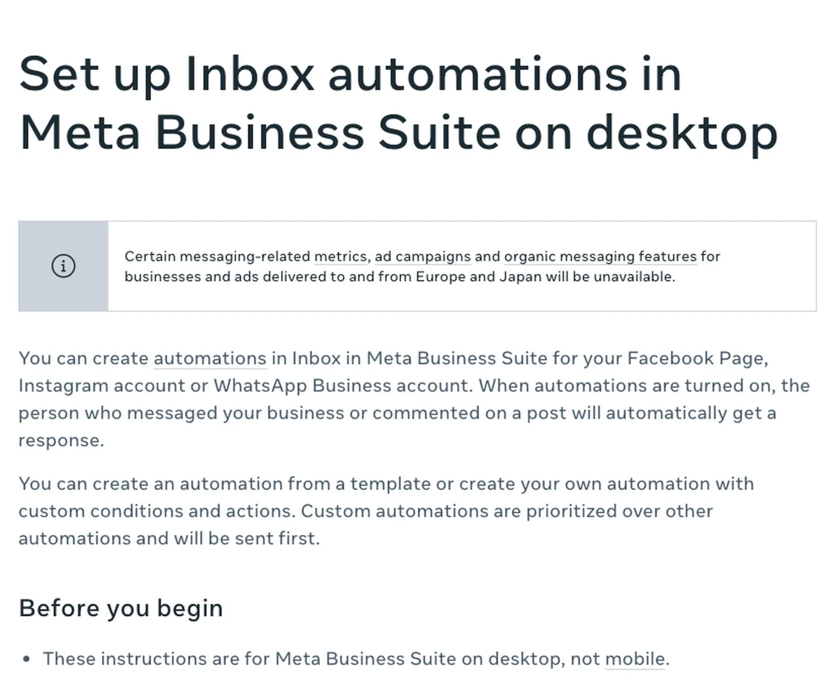 Instagram auto reply setup: Meta Business Suite help page showing how to set up Inbox automations on desktop