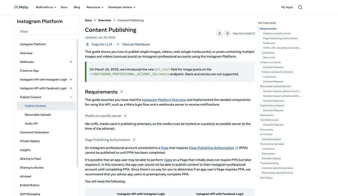 Meta's Instagram posting API docs: the Content Publishing guide covering single images, videos, reels, and carousel posts, with the media-on-a-public-server requirement stated up front.