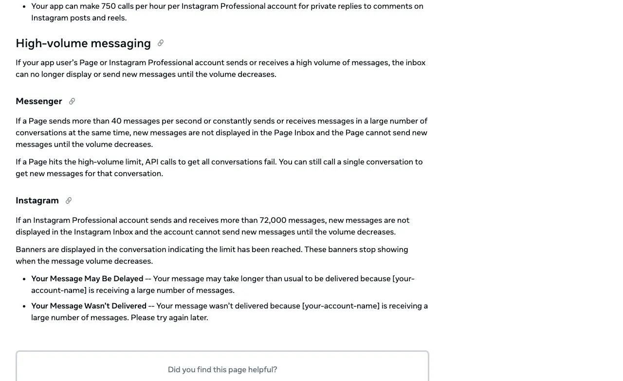 Meta's high-volume messaging rule for Instagram professional accounts, with no time period stated for the 72,000-message threshold.