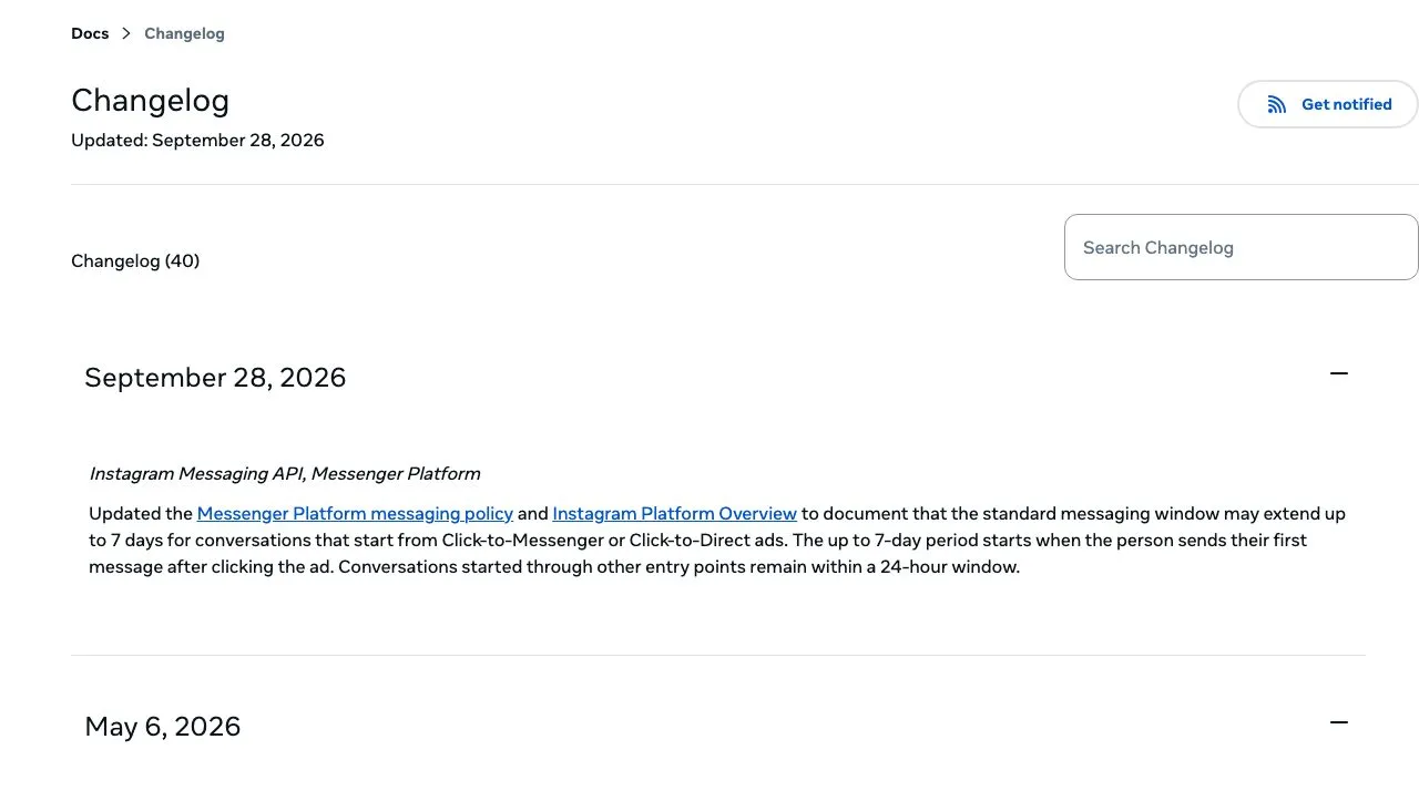 Meta's Instagram Messaging changelog entry for September 28, 2026, documenting that the standard messaging window may extend up to 7 days for conversations that start from Click-to-Messenger or Click-to-Direct ads.
