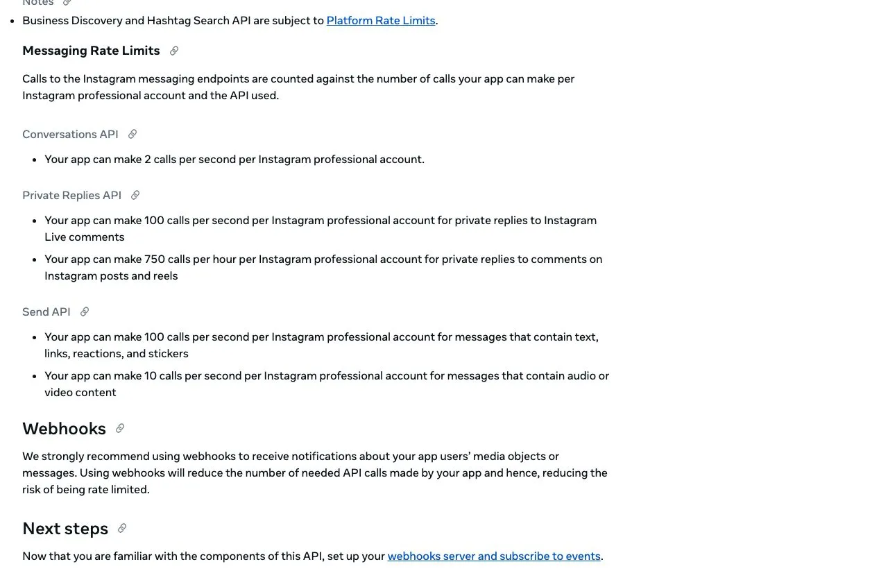 Meta's Instagram Platform documentation lists its messaging rate limits per second and per hour, with no daily DM cap.