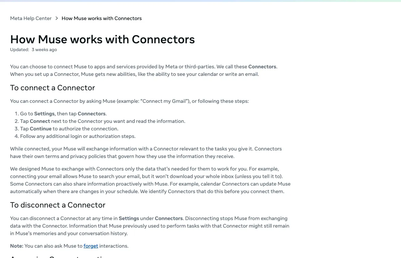 Meta Help Center article "How Muse works with Connectors": connect a Connector by asking Muse or from Settings, then Connectors, with steps to connect and disconnect.