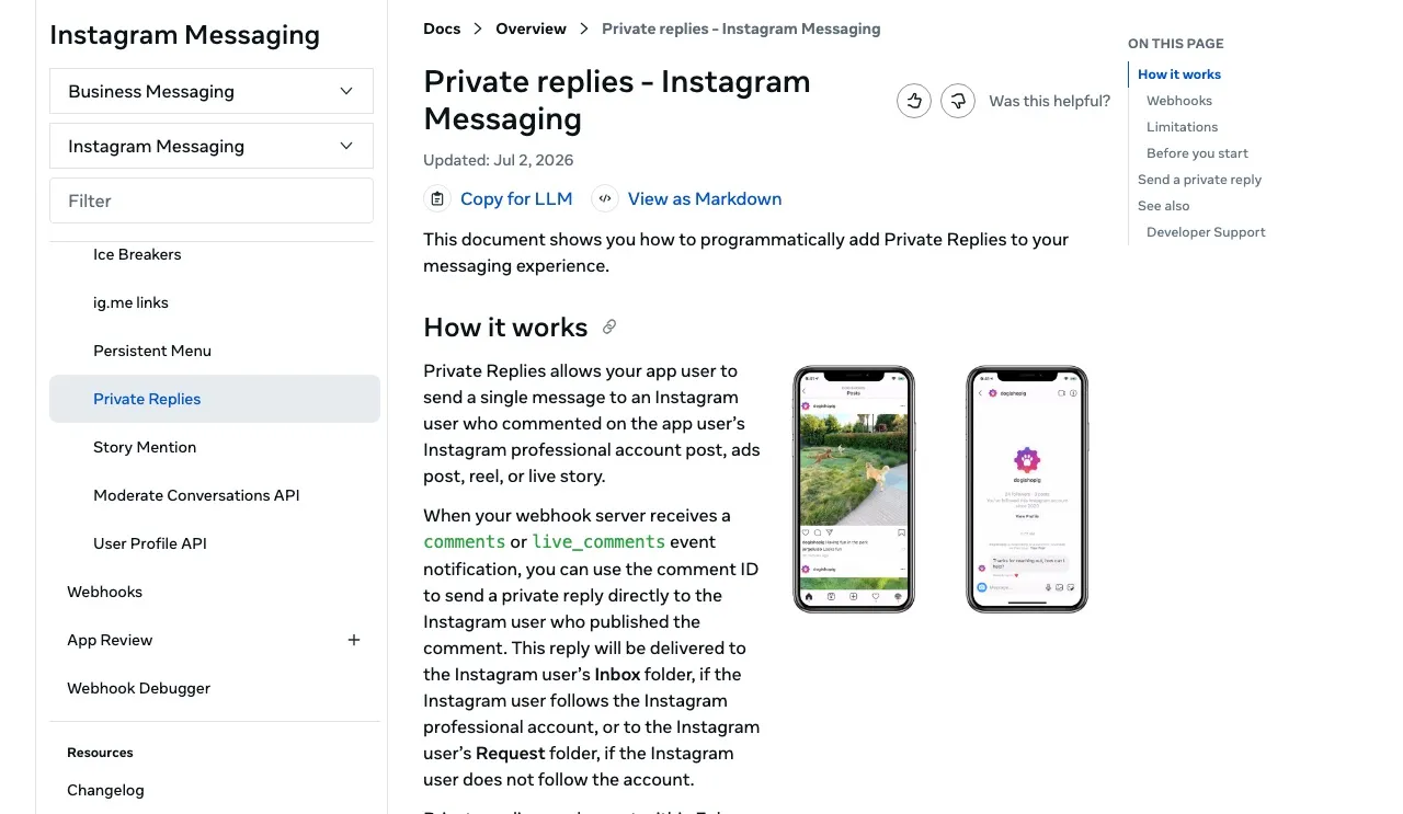 Meta's Private Replies documentation showing the comments and live_comments webhook events that trigger a private reply.