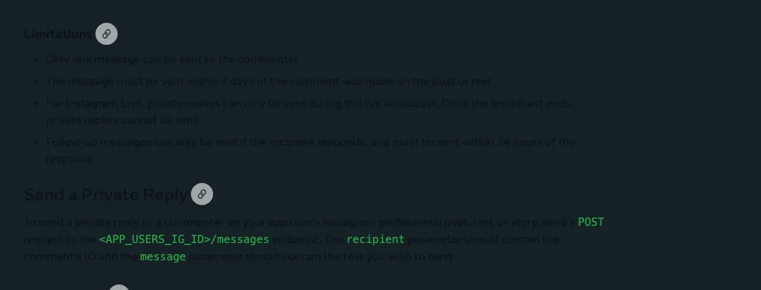 Meta's Instagram Platform documentation listing the private-reply limitations: only one message can be sent to the commenter, and it must be sent within 7 days of the comment.