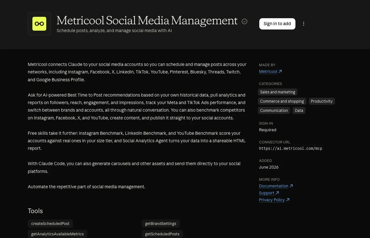 Metricool's listing in Claude's connector directory, showing the Verified badge.