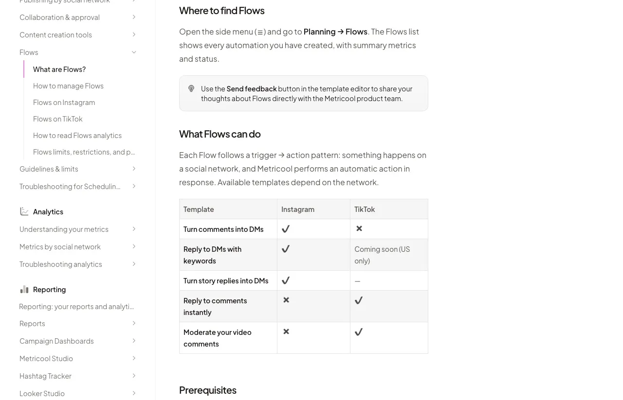 Metricool's help center listing its Flows templates: comment-to-DM, keyword DM replies and story-reply DMs on Instagram, plus comment replies and moderation on TikTok.