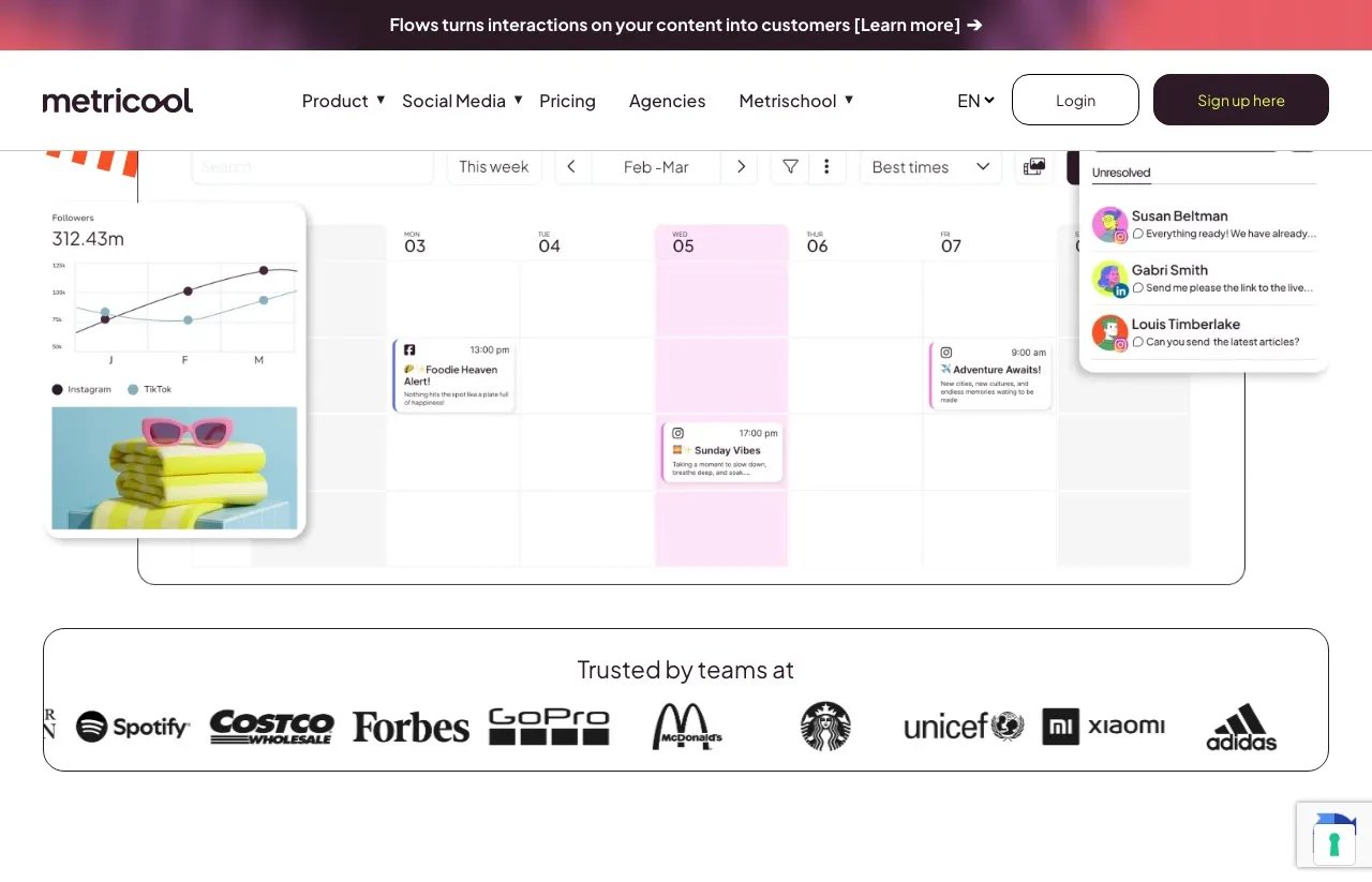 Metricool's product view: a content calendar sitting alongside analytics, an inbox, SmartLinks, and paid ads reporting in one tab.