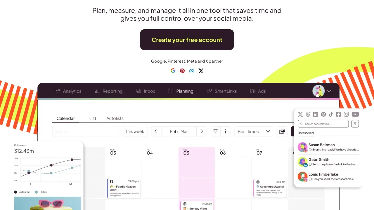 Metricool's dashboard showing its content calendar alongside analytics, reporting, inbox, SmartLinks, and ad-tracking tabs in one view.