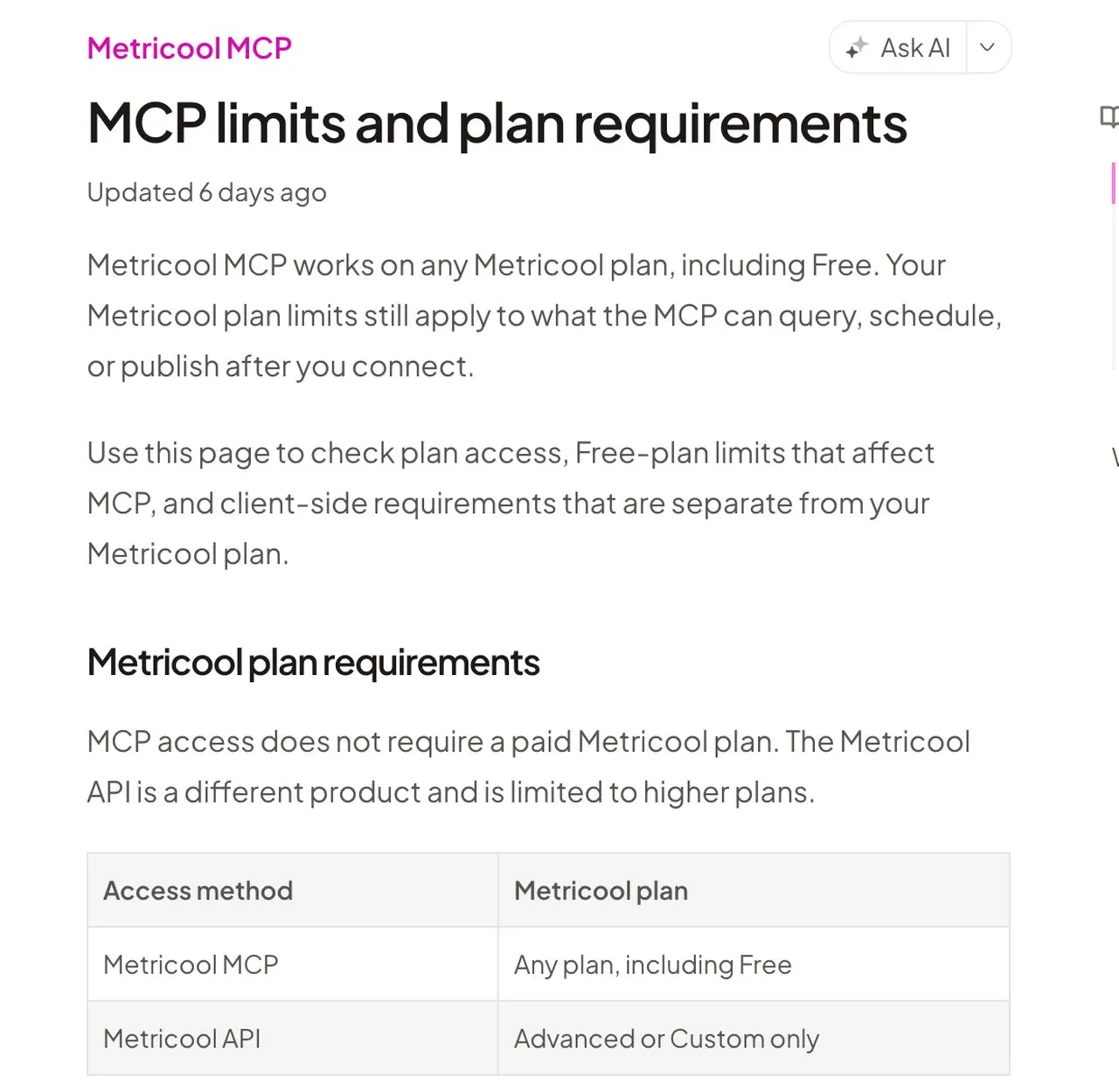 Metricool's MCP limits page: MCP works on any Metricool plan, including Free, while the Metricool API is limited to Advanced or Custom.