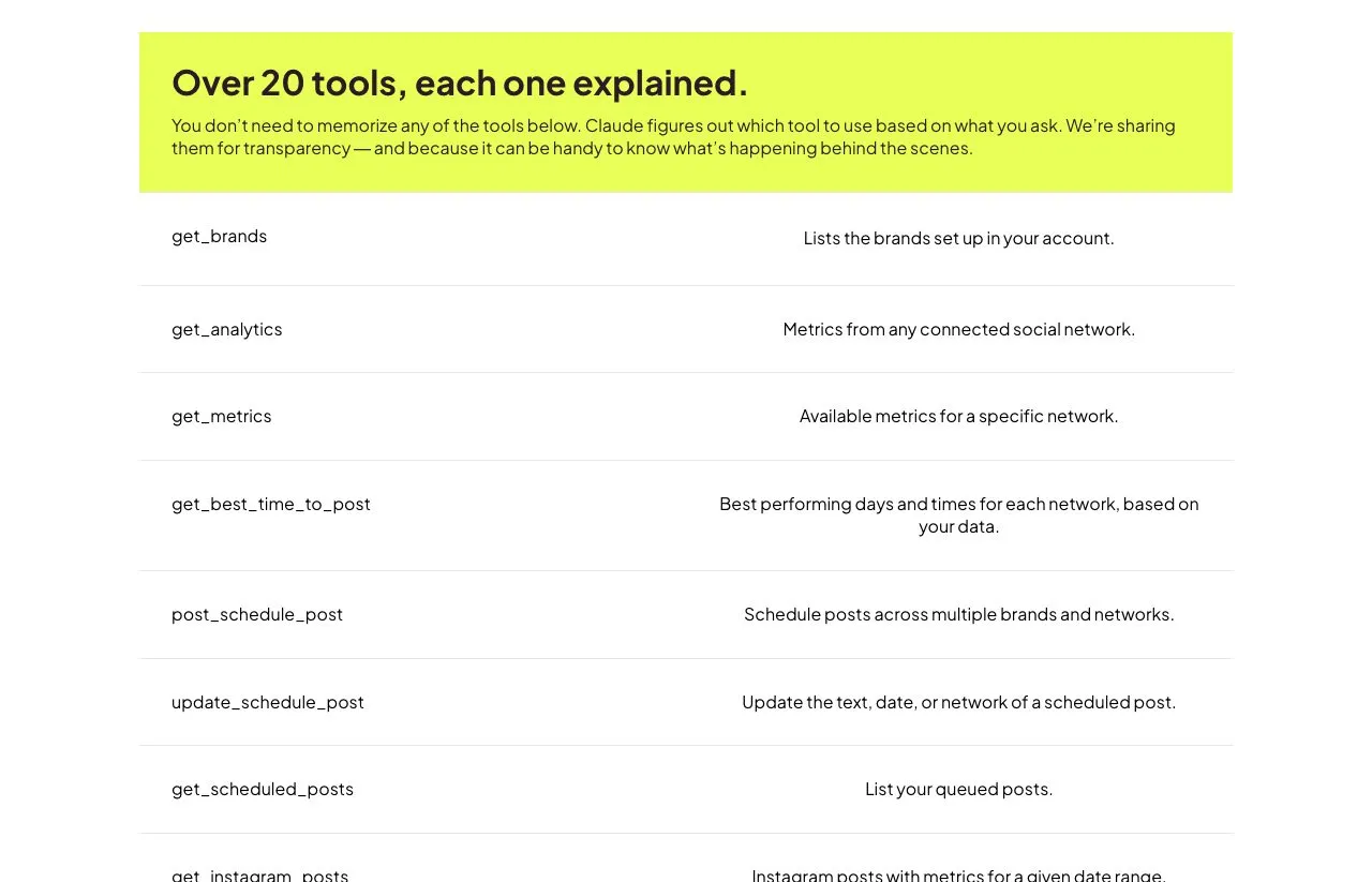 Metricool's MCP page lists the open-source server's tools one by one, almost all of them read tools.