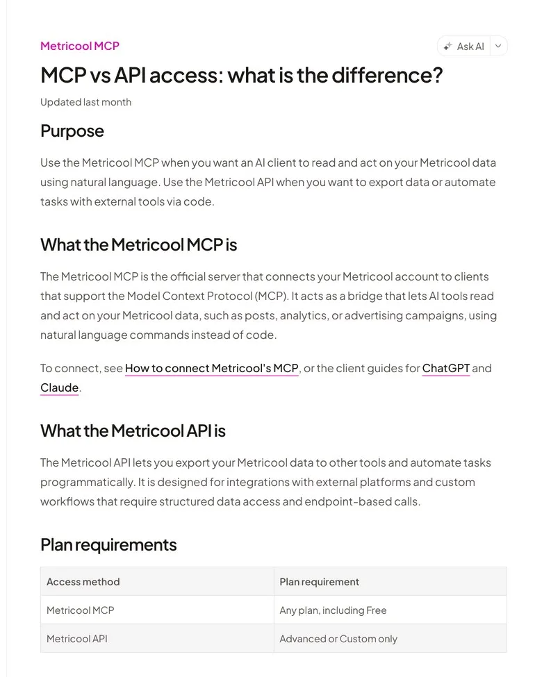 Metricool's help center article titled MCP vs API access, with a table showing MCP on any plan including Free and the API on Advanced or Custom only
